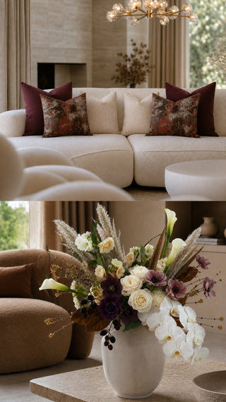 A split-screen interior scene showing a cream sectional sofa with patterned and solid throw pillows on the left, and a large ceramic vase filled with a mixed floral arrangement in a modern living room on the right.