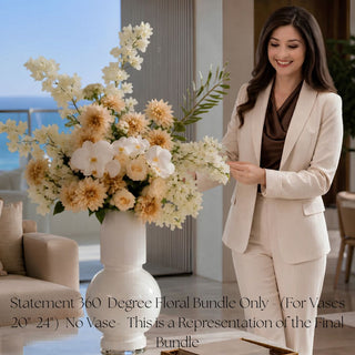 Statement 360 Summer Conservatory faux floral bundle styled by Madi in a large white vase, designed for vases 18 to 24 inches high with front-and-back floral styling, faux white bougainvillea, real touch white orchids, creamy dahlias, creamy roses, and greenery for open-concept spaces, kitchen islands, foyer tables, and large-scale summer floral arrangements.