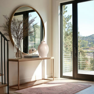Styled in a beautiful contemporary decor style entryway, 16.75" High Light Blush/ecru handcrafted ceramic vase
