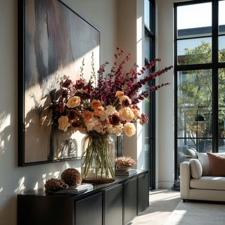 Styled 19 Inch Real Touch Burgundy Bellflower Stem in a large vase with other elegant fall inspired florals