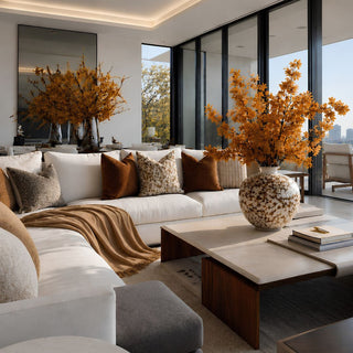 A fall styled modern living room with a cream sectional sofa, brown and beige throw pillows, a draped honey brown baby alpaca throw blanket, a low wooden coffee table, and large decorative vases filled with orange foliage near floor-to-ceiling windows.