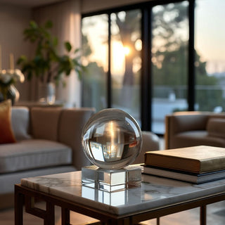 Styled Crystal Orb on luxury coffee table in a modern contemporary decor style living room 