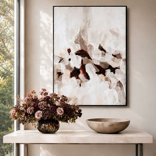 Styled 60 Inch Earthen Abstract Painting on Canvas with marble bowl and fall floral arrangement from true bloom floral 