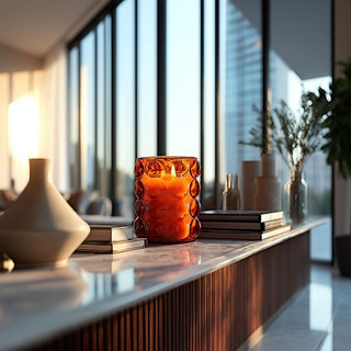 Styled Gilded Citrus Glaze Glass Jar Candle in Deep Burgundy on a console table 
