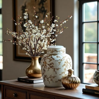 Styled Large Ceramic Empress Lidded Jar  on an entryway console table by Third & Main
