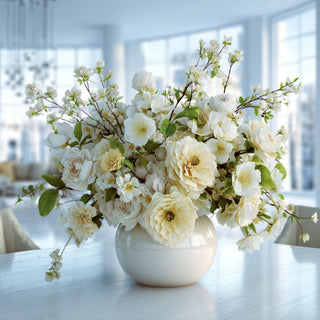 Elegant white faux floral arrangement featuring quince blossoms by Third & Main, peonies, and ranunculus in a round ceramic vase, styled in a light-filled modern dining space