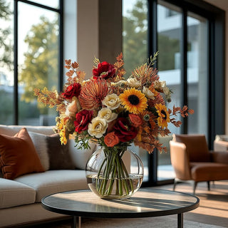 Styled Real Touch Red Anemone Stem in a vase with other beautiful fall floral stems 