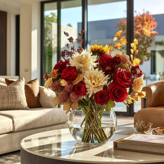 Mixed floral bouquet featuring artificial real touch red true bloom real touch duchess rose stems, yellow, and beige stems in a clear vase, Third & Main