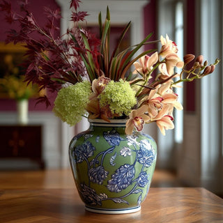 Sage green, blue and white ceramic vase styled with an early fall floral faux floral arrangement on a walnut colored table in a modern traditional room.