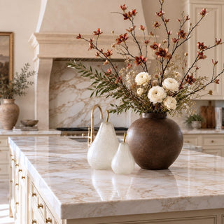 Frosted White Glass Pears with Gold Stems Styled on Kitchen Island – Third & Main