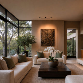 A modern living room interior with a beige sofa, matching armchair, dark wood coffee table, potted white orchids, large windows with outdoor greenery, and a framed abstract artwork on the wall.
