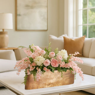 Styled Warm Gold/Bronze Joss Vase with pink and white florals of wisteria, roses and trailing florals sitting on a coffee table in a contemporary decor style living room, Vase, Home Decor, Decor, Decor, Third & Main