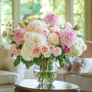 Styled floral arrangement with True Bloom real touch faux florals from Third & Main, featuring lWhite dahlias, ight pink dahlias, blush roses, white hydrangeas, and garden blooms in a clear vase, set in an elegant living room setting. True Bloom Floral, Luxury Floral Arrangement, Real Touch, Spring Floral Summer Floral 