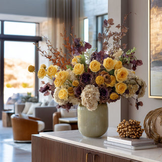 Styled Yellow Austin Rose Stems Beth purple anemone and the beautiful fall florals in a vase in a luxury home