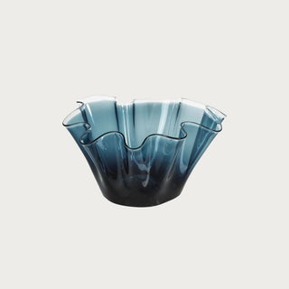 Styled in a sitting area 12" Contemporary decor style blue glass bowl with sculptural ruffled edges 