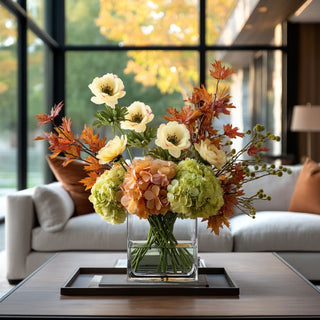 Styled in a square glass vase with other fall inspired floral stems, Light yellow buttercup faux floral stem 20.5"