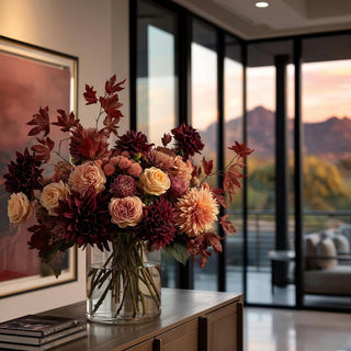 Styled within a beautiful floral arrangement, 12 Inch High set of 6 stems Real Touch Burgundy Dahlia Bundle with green leaves perfect for fall and autumn floral styling 