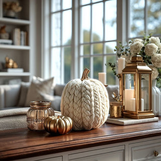 Styled on a console table with other fall home decor items, 9.75__High_Chenille_Cream_White_Braided_Pumpkin