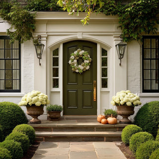 Styled on a front door of a beautiful home, 24 inch velvety pumpkin wreath in cream, sage, and olive