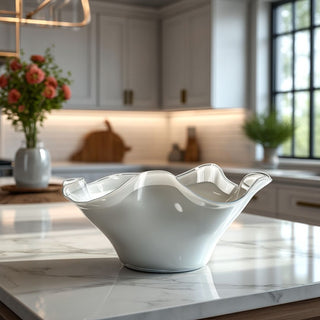 Styled on a large kitchen island, 16.25"_Contemporary_decor_style_Frosted_white_glass_bowl_with_sculptural_ruffled_edges