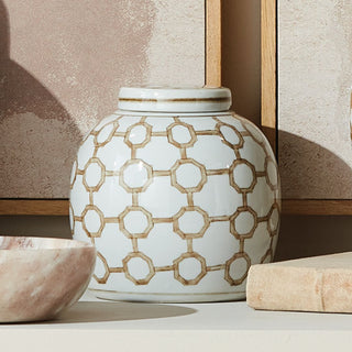 The Woven Trellis Jar, White ceramic ginger jar with geometric bamboo lattice pattern in gold, decorative lidded jar for shelf, mantel, or entryway styling, elegant chinoiserie-inspired home accent. Fall Decor, Modern Traditional Decor