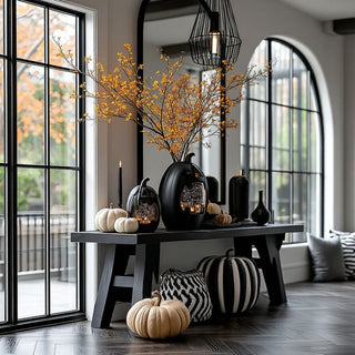 Styled on a table with other fall and halloween decor, a black LED Spinning Water Pumpkin