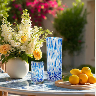 White and blue tortoise-pattern glass pitcher/vase