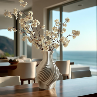 Decorative white ceramic contemporary decor style vase with white blossom set flowers on a table in a room with large windows showing a scenic view.