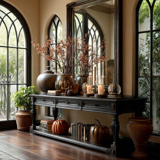 Styled witch hat 5.5" on a console table in an entryway of a fall/halloween home decor style 