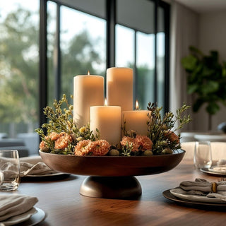 Styled with flameless candles and faux florals, Bowie Dark brown mango wood pedestal bowl side view – 13.75 inches wide x 5" high, 