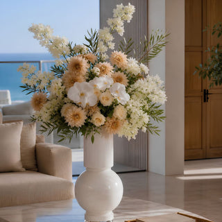 Summer Conservatory faux floral bundle styled by Madi in a white vase, featuring faux white bougainvillea, real touch white orchids, creamy dahlias, creamy roses, and greenery, ideal for neutral summer home styling,