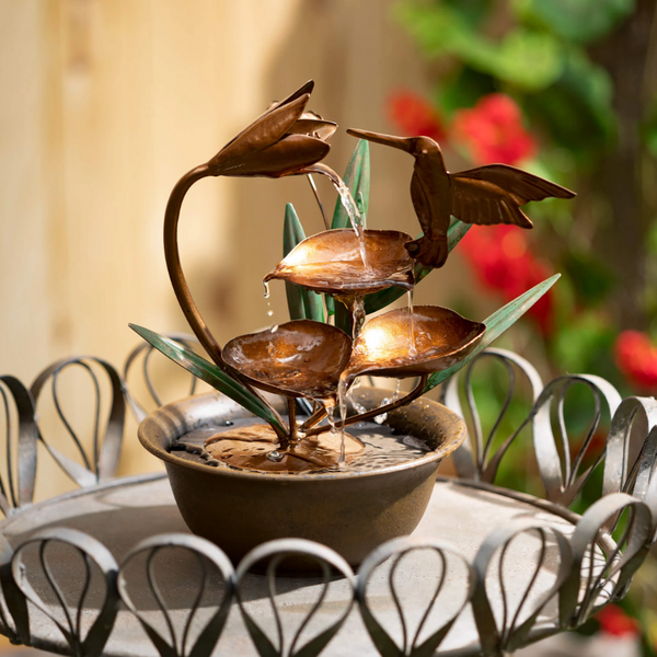 Hummingbird Fountain, 7.25"L x7.25"W x10.5"  Material: Metal  Color: Copper, Home Decor