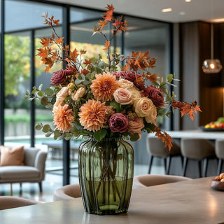 Tall Scalloped Sage Green Glass Vase styled with a beautiful all inspired floral arrangement