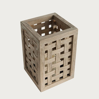 Natural teak outdoor hurricane lantern with woven design detail. Perfect for patios, outdoor dining, and warm ambient LED candle styling.
