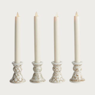 Set of 4 white ceramic taper candle holders in a classic chinoiserie design with gold decorative patterns, assorted designs, taper candles not included. Home Decor, Third & Main, Modern Traditional Decor, Modern Farmhouse Decor, Fall Decor