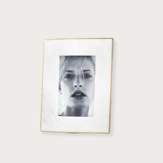 The Marlow Photo Frame, A White Marble 4x6 Photo Size Frame with a gold Brass Outer Lining. Third & Main, Home Decor, Contemporary Decor, Luxury, Photo Frame, Everyday Decor