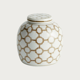 The Woven Trellis Jar, White ceramic ginger jar with geometric bamboo lattice pattern in gold, decorative lidded jar for shelf, mantel, or entryway styling, elegant chinoiserie-inspired home accent. Fall Decor, Modern Traditional Decor