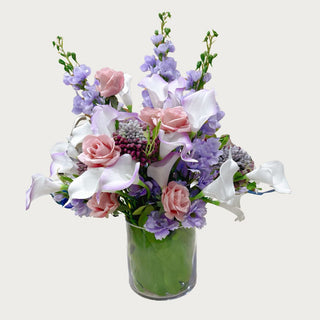 The Calla Composition faux floral arrangement with lavender calla lilies, white calla lilies, True Bloom lilac/pink colored  roses, lavender  multi-toned real touch sedum stems, True Bloom delphinium – True Bloom Floral by Third & Main, Real Touch Luxury Floral arrangement