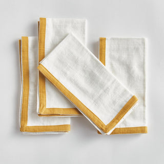 Bring a touch of softness to the table with this set of four 100% woven cotton napkins. Beautiful in tone and texture, the white & ochre combination is made to coordinate with any tablescape.
Details:, Dimensions: 18"x18", Color: White, Gold/Yellow Trim, Material: Cotton, Set of Four Napkins, Care & Use: Machine wash cold with like colors, gentle cycle. Do not bleach. Line dry. Warm iron. Do not dry clean.
Third & Main, Home Decor, Textiles, napkin Set of 4, Modern Farmhouse decor, Everyday Decor