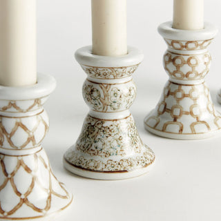 Set of 4 white ceramic taper candle holders in a classic chinoiserie design with gold decorative patterns, assorted designs, taper candles not included. Home Decor, Third & Main, Modern Traditional Decor, Modern Farmhouse Decor, Fall Decor
