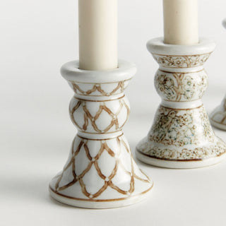 Set of 4 white ceramic taper candle holders in a classic chinoiserie design with gold decorative patterns, assorted designs, taper candles not included. Home Decor, Third & Main, Modern Traditional Decor, Modern Farmhouse Decor, Fall Decor