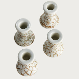 Set of 4 white ceramic taper candle holders in a classic chinoiserie design with gold decorative patterns, assorted designs, taper candles not included. Home Decor, Third & Main, Modern Traditional Decor, Modern Farmhouse Decor, Fall Decor