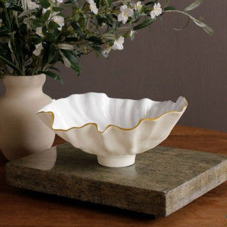 Cream enamel bowl with gold trim inspired by floral bloom design — elegant food-safe holiday décor and serveware by Third & Main.