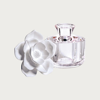 This diffuser design features a lovely crystal shaped body with a subtle hint of color and white porcelain flower top to diffuse the aromas. TOP NOTES: Lily of the Valley, Fresh Aldehydes 
MIDDLE NOTES: Bergamot, Rose Petals, 
BASE NOTES: Musk, Mallow, Amber
Third & Main, Home Decor, Luxury Scents, Luxury Living, Luxury Decor, Luxury Homes