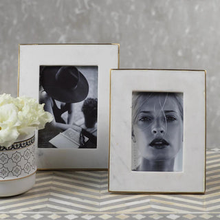 The Marlow Photo Frame, A White Marble 4x6 Photo Size Frame with a gold Brass Outer Lining. Third & Main, Home Decor, Contemporary Decor, Luxury, Photo Frame, Everyday Decor
