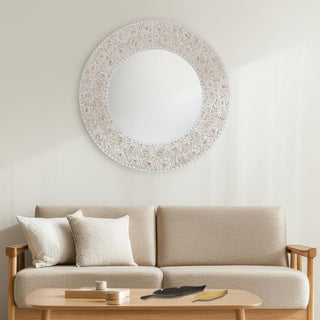 The Marseille Mirror, The soft, neutral tones of the shells add a gentle, organic warmth, making the mirror as much a work of art as it is a functional accent. Round Shape Mirror, Third & Main, Home Decor, Summer Decor, Summer Mirror, Seashell, Hand Made, Handmade