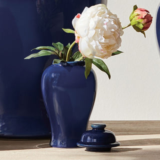 8.5" High Dark blue ceramic ginger jar with lid, decorative accent jar in a classic silhouette. Home Decor, Third & Main, Fall Decor, Modern Farmhouse, Modern Traditional, Luxury Decor