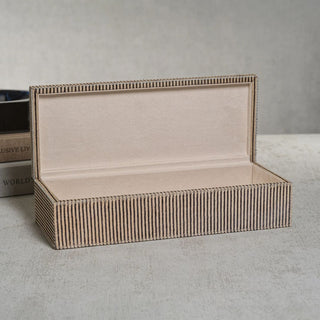 The Miramonti Decorative Box Hair On Hide Leather, Rectangular Decorative Box With A Stripe Pattern, Contemporary Decor, Luxury Decor, Luxury Decorative Boxes With Suede interior
