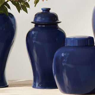 13.25" High Dark blue ceramic ginger jar with lid, decorative accent jar in a classic silhouette. Home Decor, Third & Main, Fall Decor, Modern Farmhouse Decor, Modern Traditional Decor, Luxury Decor