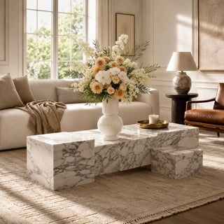 Summer Conservatory faux floral bundle styled by Madi in a white vase, featuring faux white bougainvillea, real touch white orchids, creamy dahlias, creamy roses, and greenery, ideal for neutral summer home styling,